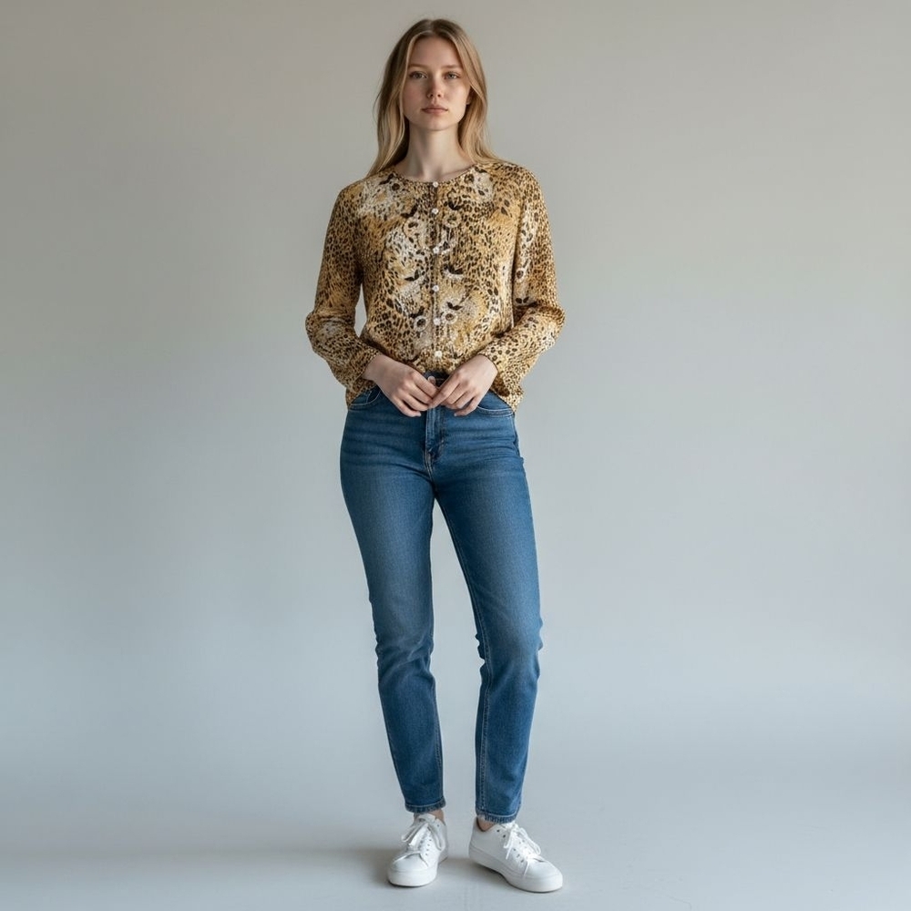 Laura Ashley Animal Print & Embroidered Floral Design Silk Button Down Shirt (L)